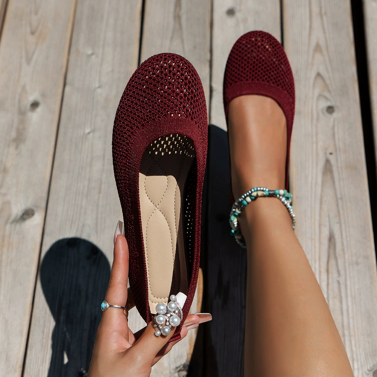 Solid Color Mesh Flat Slip-Ons Burgundy