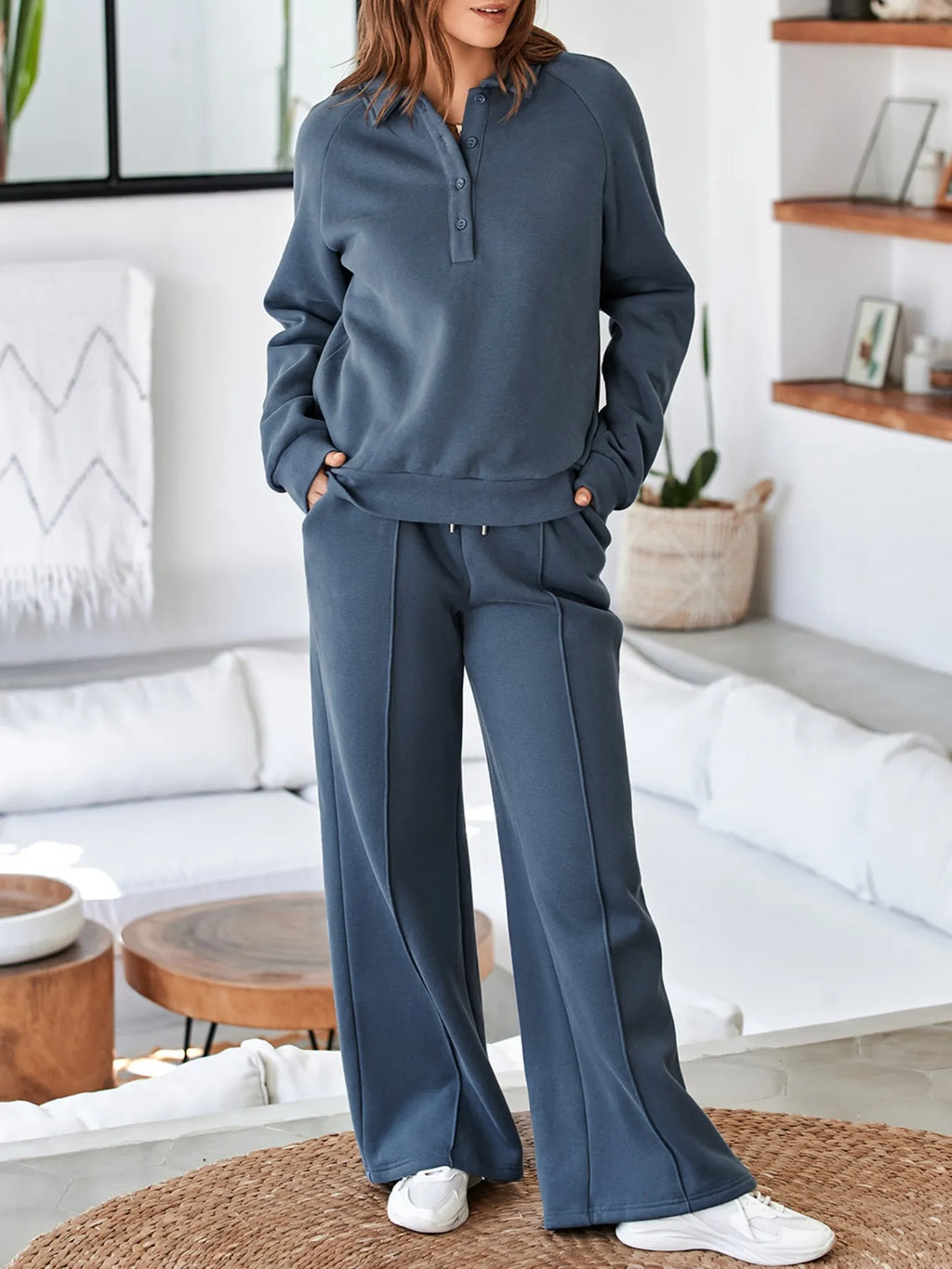 women's collared sweatshirt and high waist pants active set - extra view