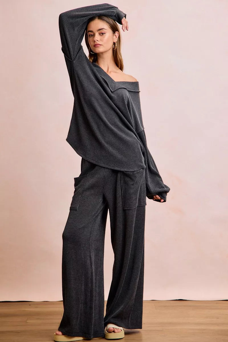women's bibi two tone cord rib contrast stitching v-neck top and pants set - styling option
