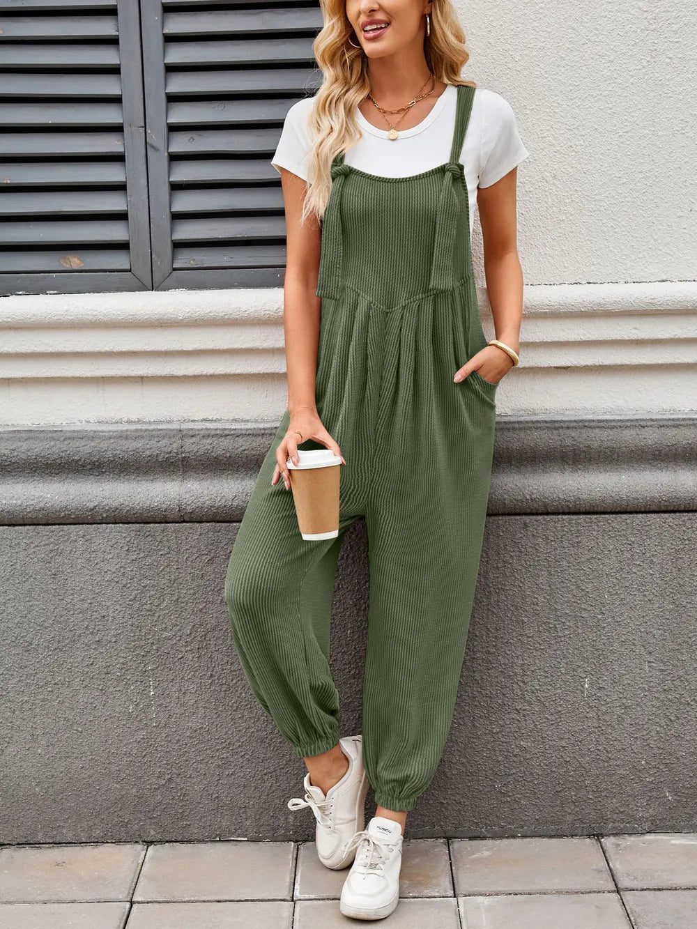 Lovelet Knotted Strap Overalls with Pockets Dark Green