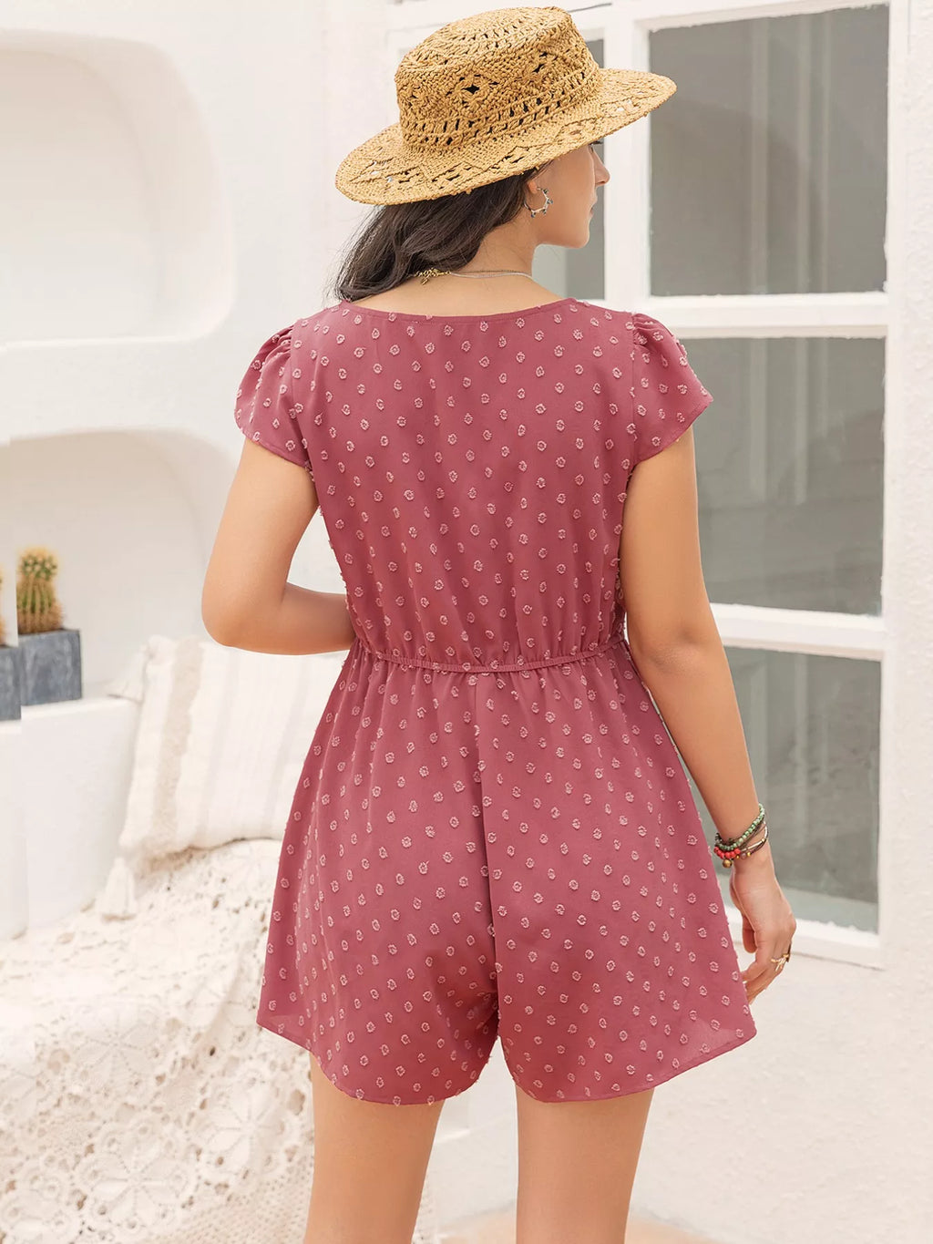 women's swiss dot cap sleeve romper - styling option