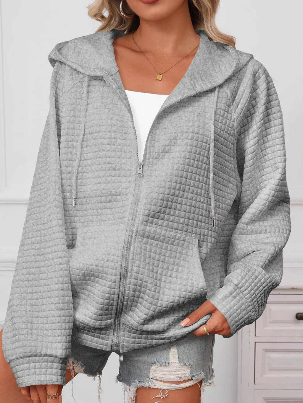 women's full size textured quilted zip-up hooded jacket plus size - extra view