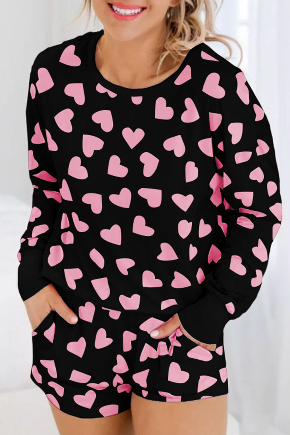 Heart Print Long Sleeve Top and Shorts Lounge Set Black