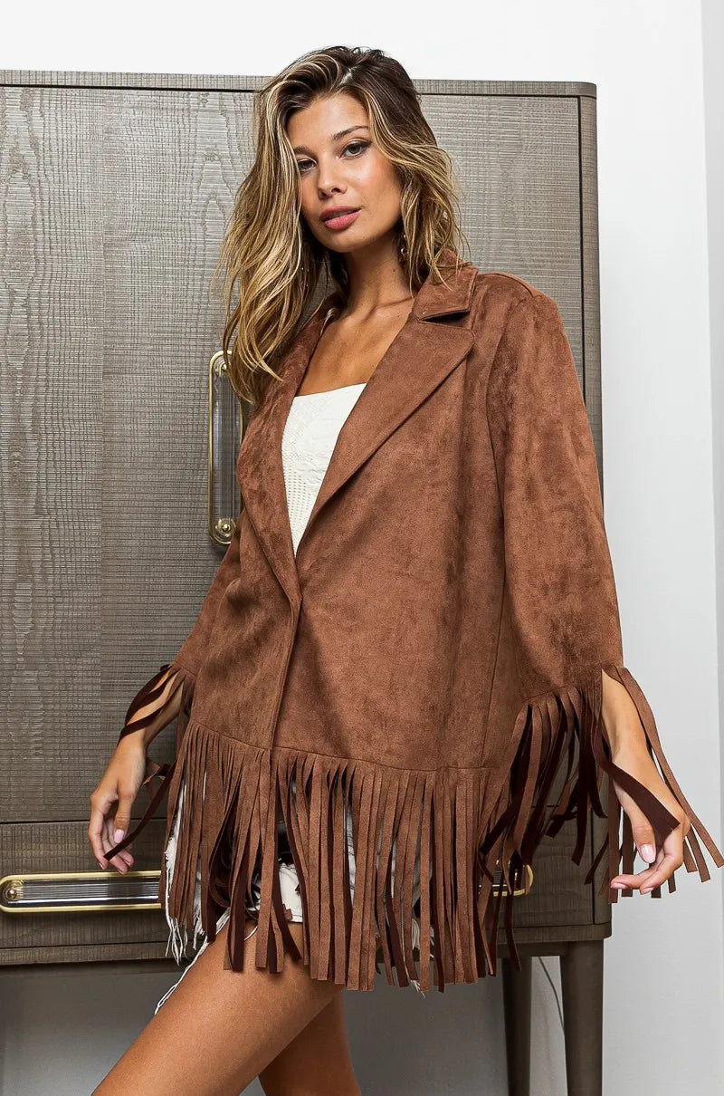 bibi single blazer with fringed hem shown as women’s blazer