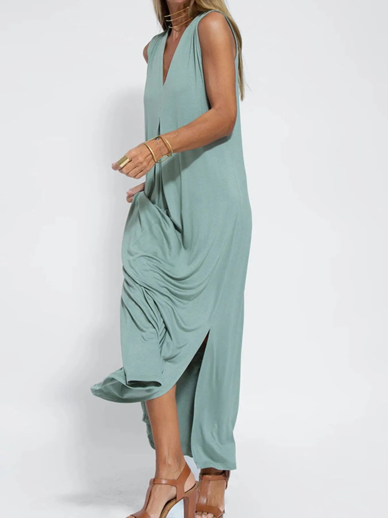 Full Size V-Neck Sleeveless Maxi Dress with Slit Plus Size
