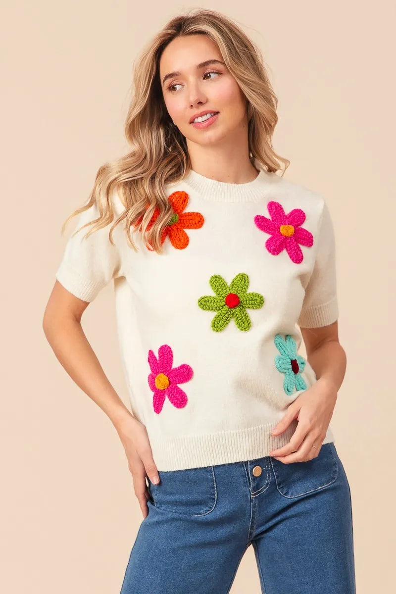 bibi crochet flower patch sweater top shown as women’s sweater