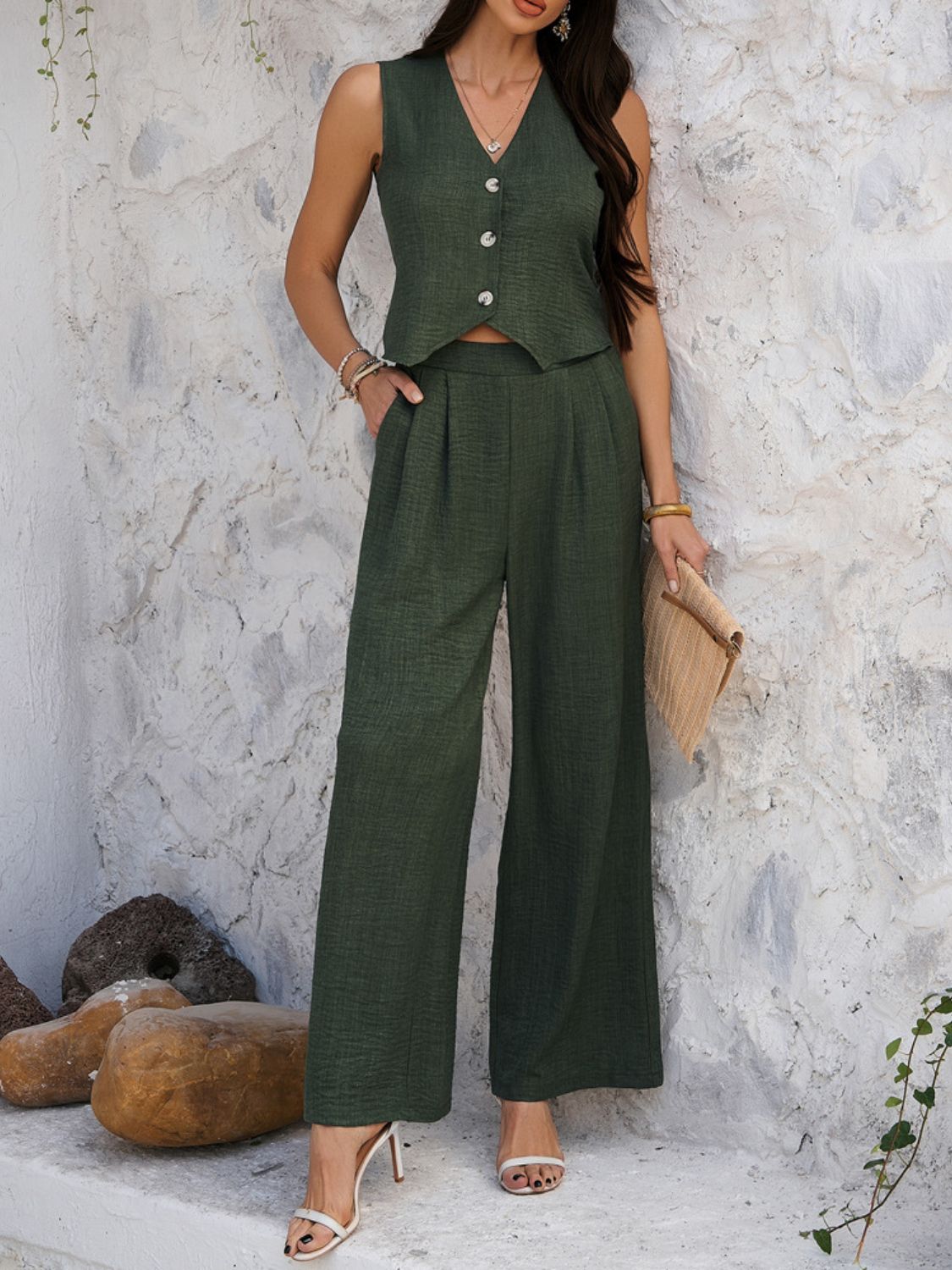 Devine Button Down Vest and Wide Leg Pants Set