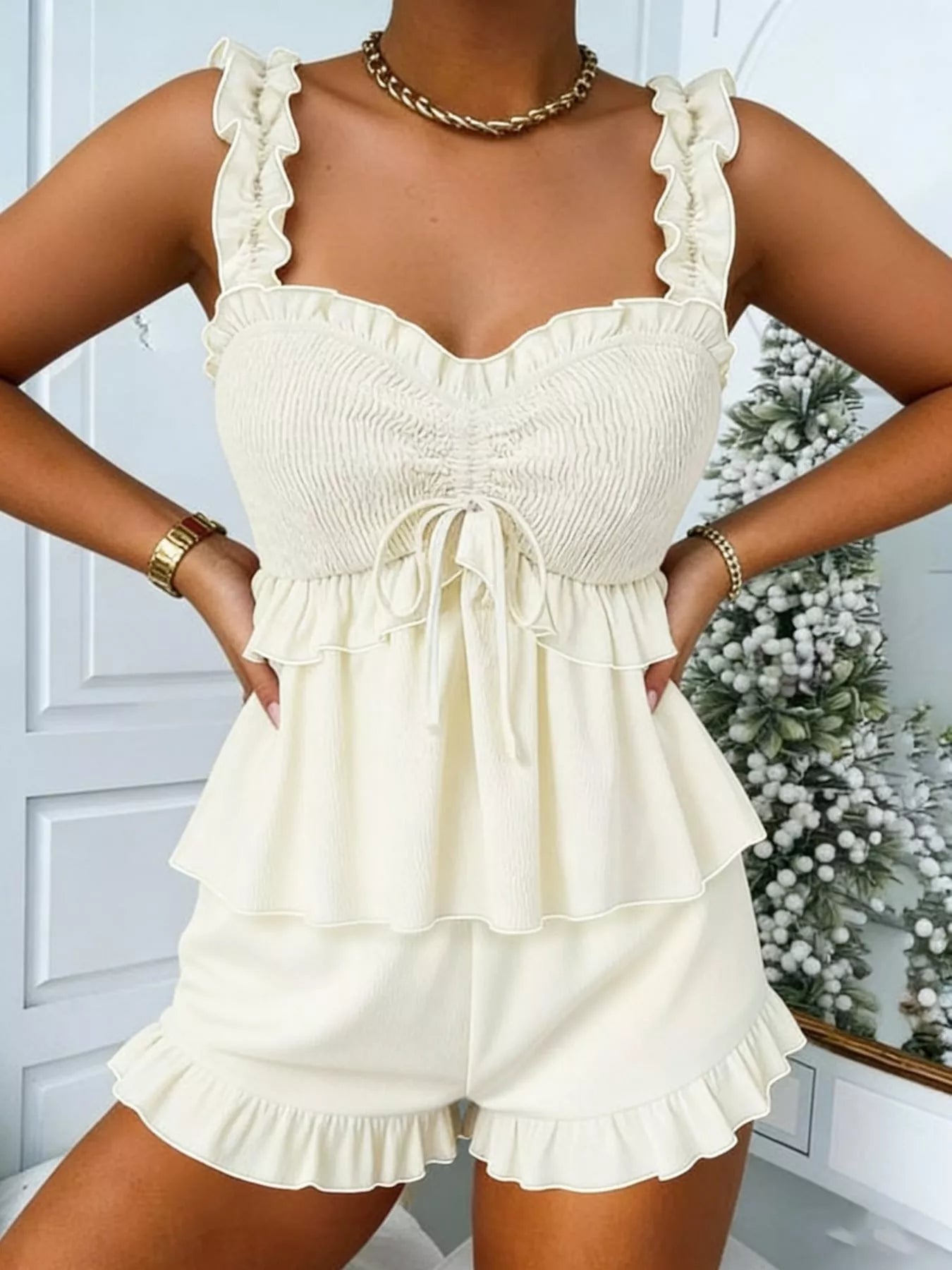women's ruffled smocked cami and shorts set - front view