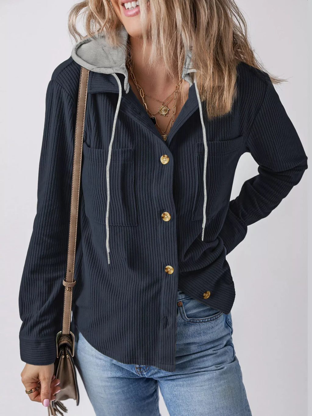 women's hooded corduroy button-down jacket - alternate angle