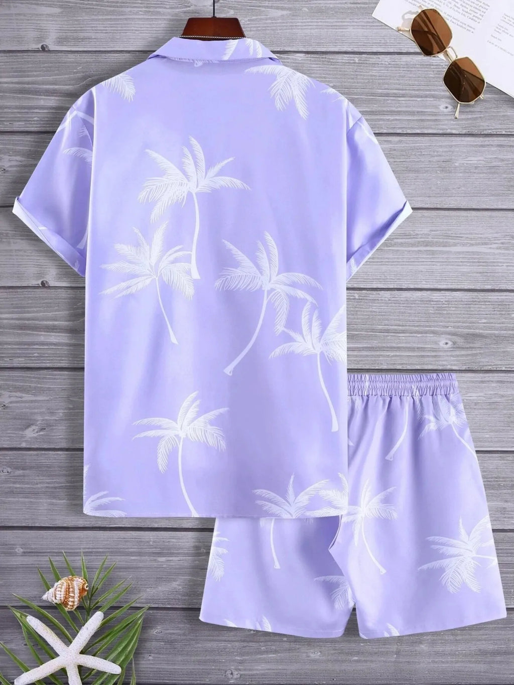 men's men's full size palm print button up shirt and shorts set plus size - additional image