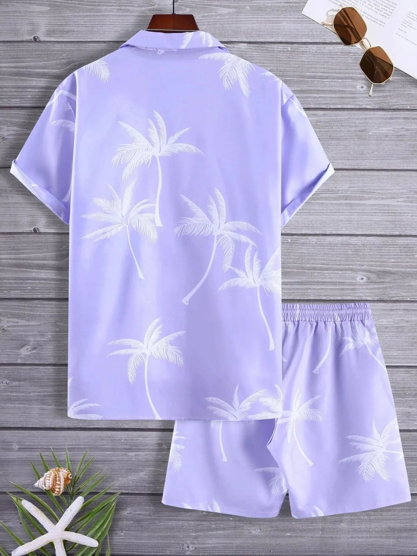 men's men's full size palm print button up shirt and shorts set plus size - additional image