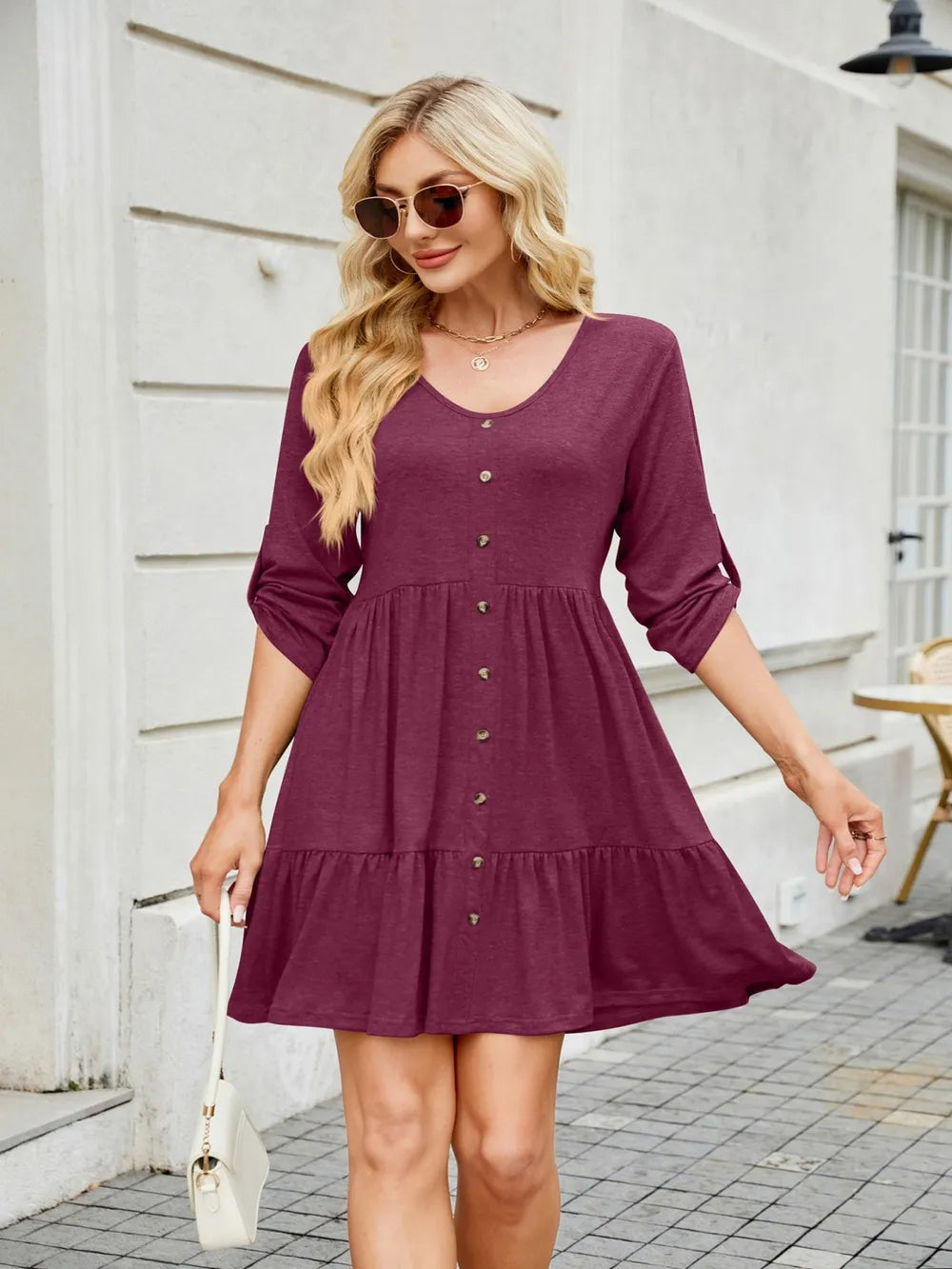 Tiered Ruched V-Neck Mini Dress Burgundy
