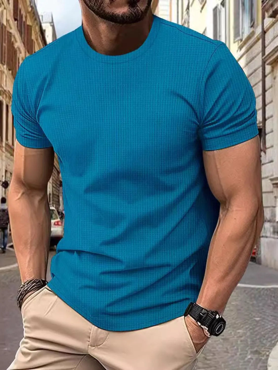 Men's Full Size Round Neck Short Sleeve T-Shirt Plus Size Cerulean