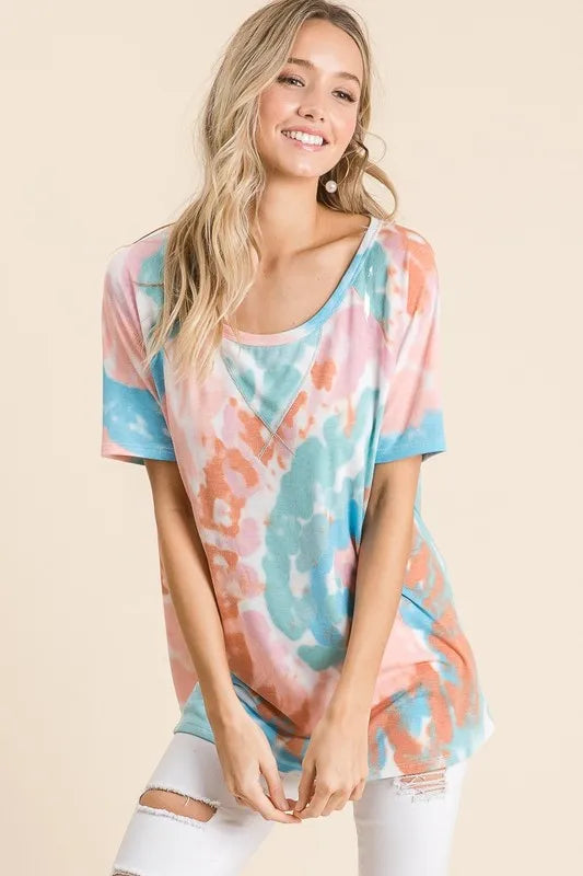 women's bibi tie dye print short sleeve t-shirt with raglan sleeves - additional angle