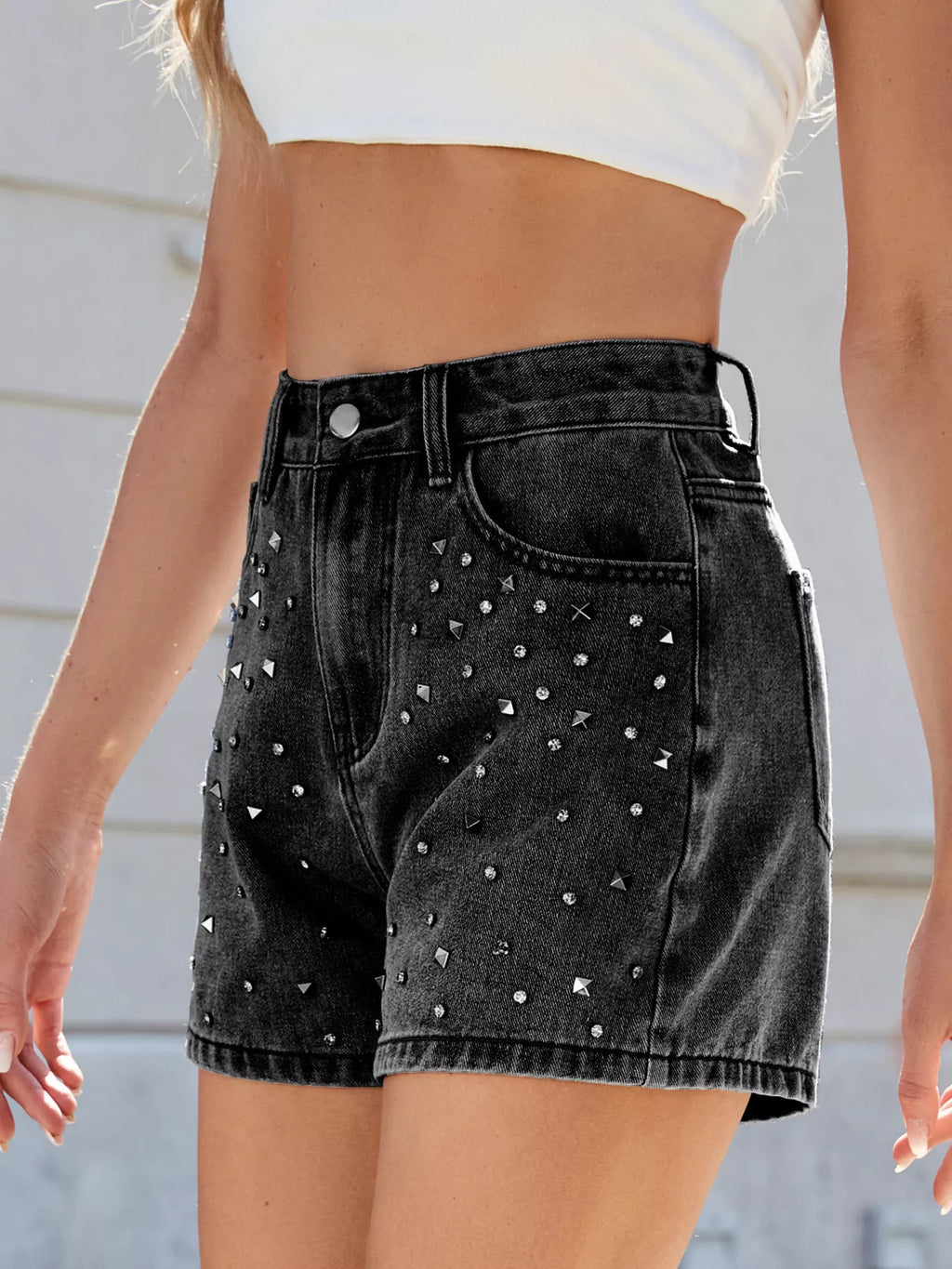 women's studded high waist denim shorts - styling option