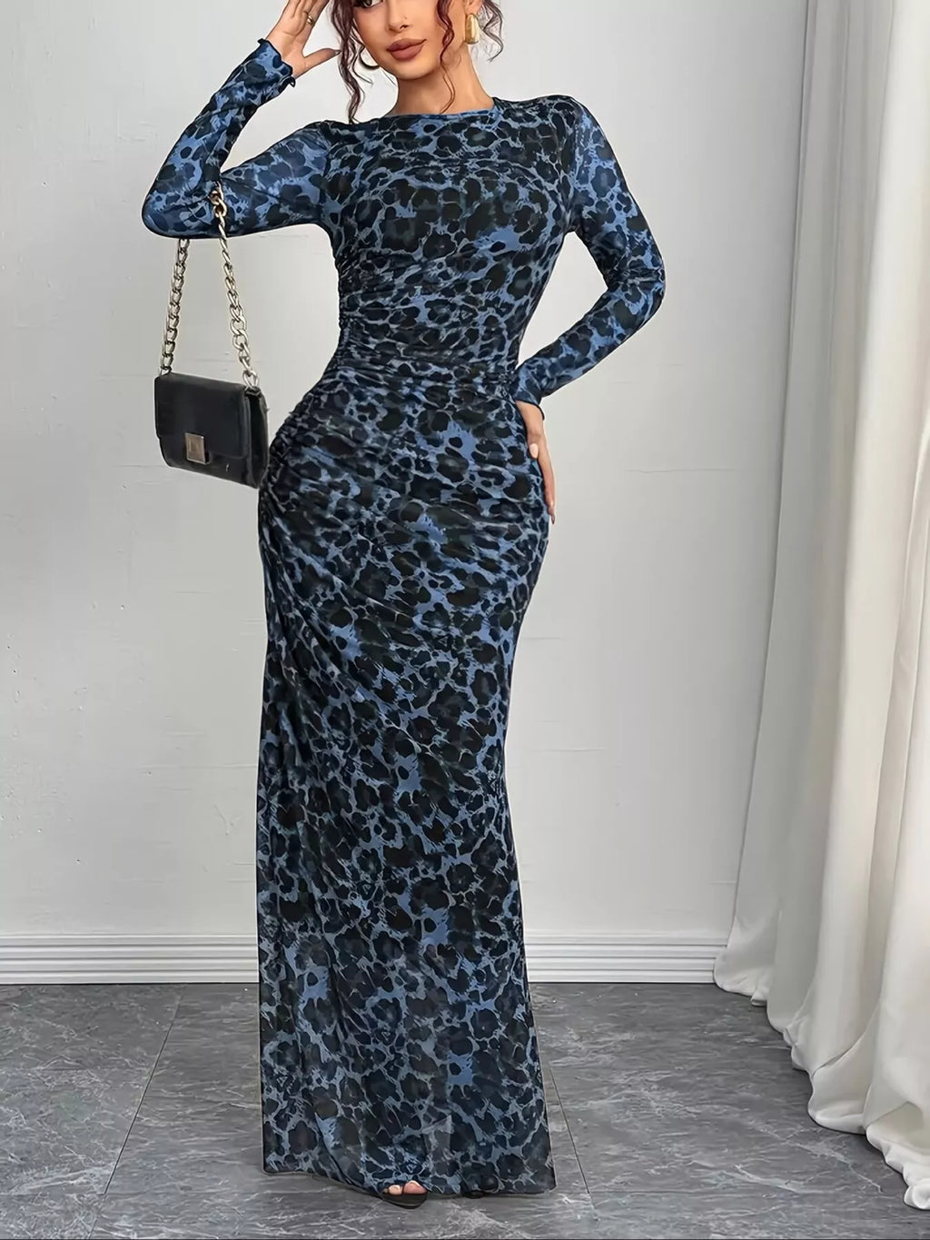 women's leopard print long sleeve maxi dress - additional image
