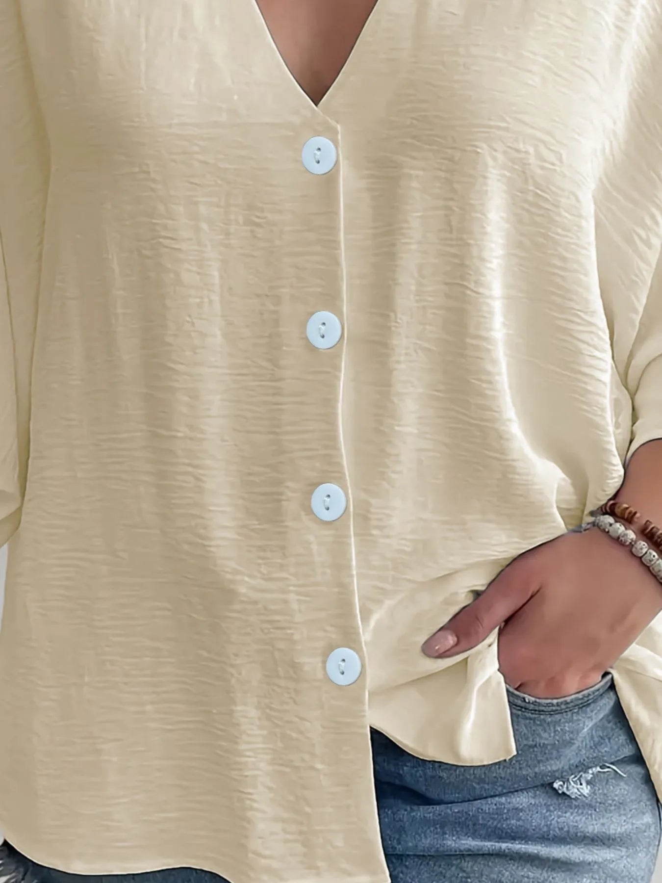 Full Size Casual V-Neck Button Down Relaxed Fit Blouse Plus Size