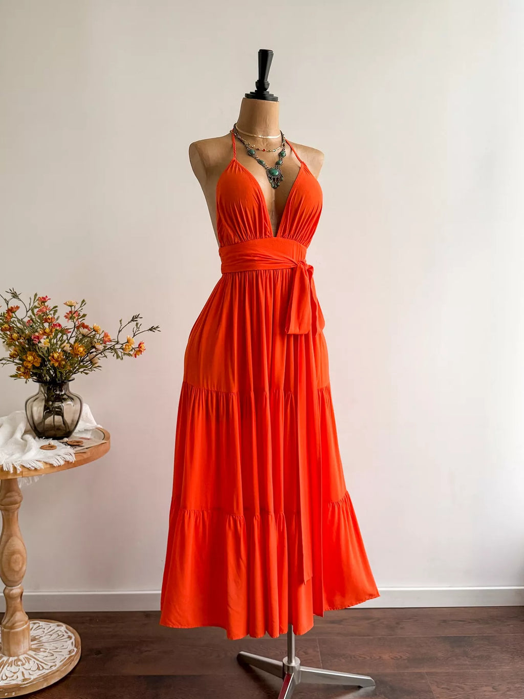 women's halter neck tiered dress - close-up detail
