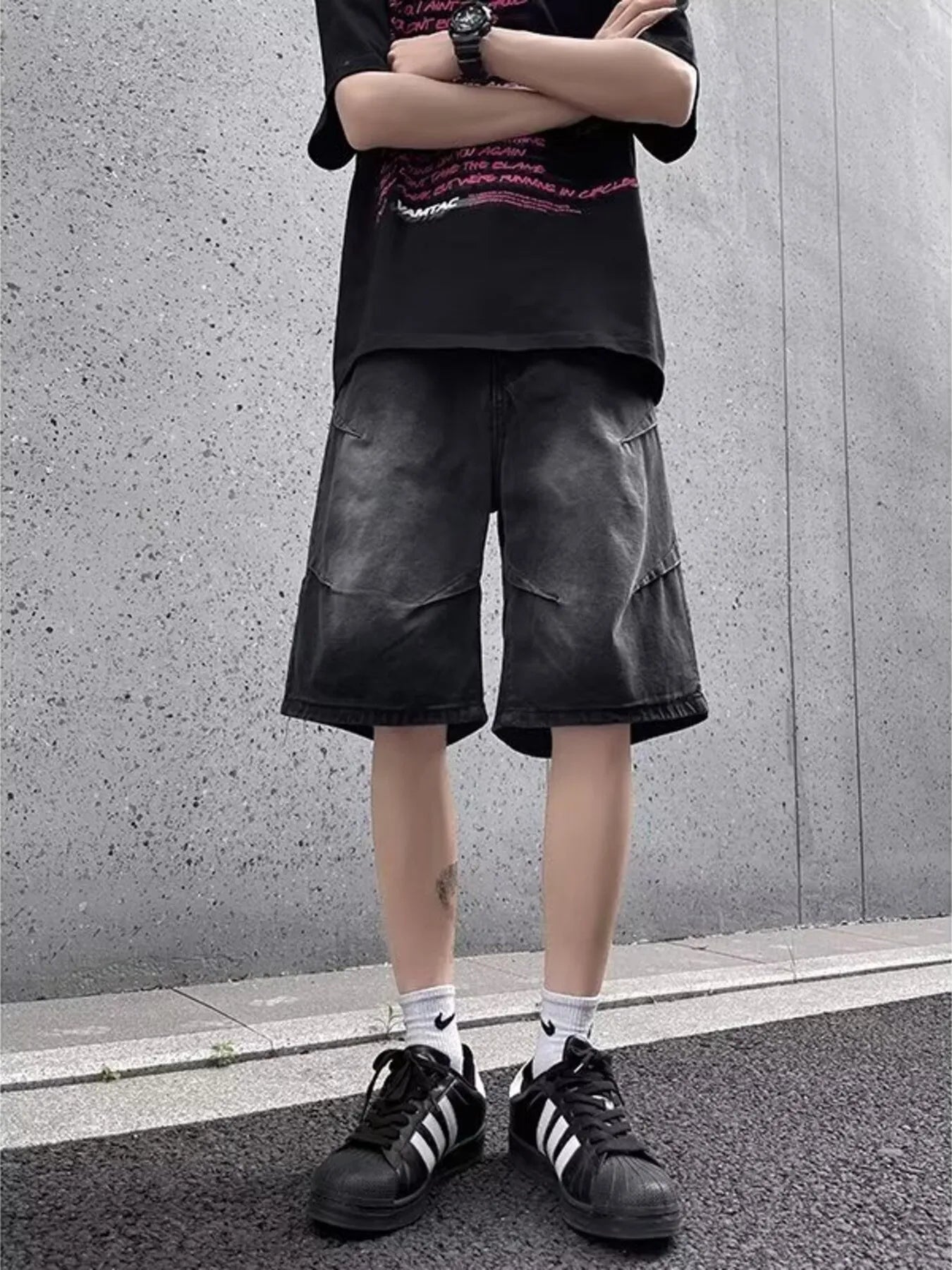 men's men's full size vintage wash wide-leg denim shorts plus size - additional image