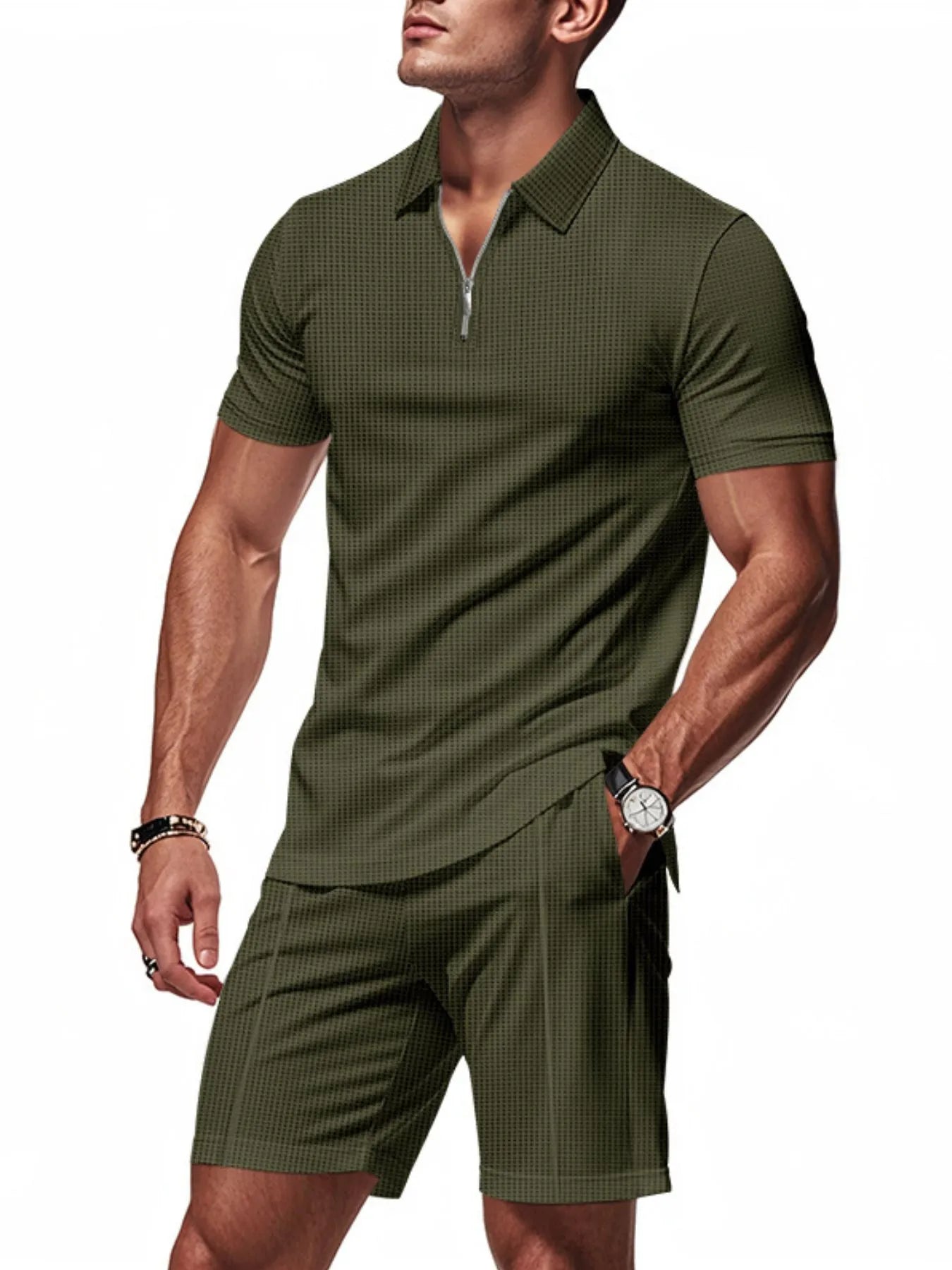 men's men's plus size quarter zip short sleeve top and shorts set - styling option