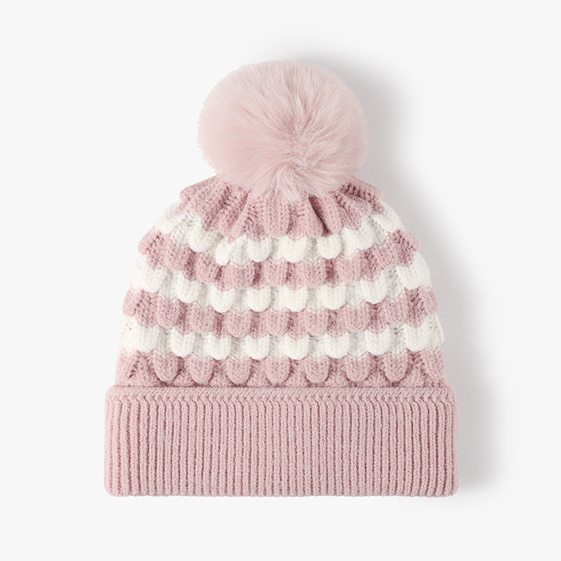 Striped Contrast Knit Hat with Pom-pom Blush Pink One Size