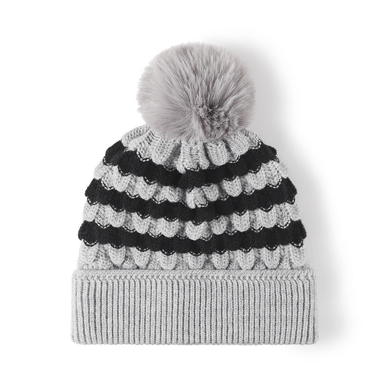 Striped Contrast Knit Hat with Pom-pom Gray One Size