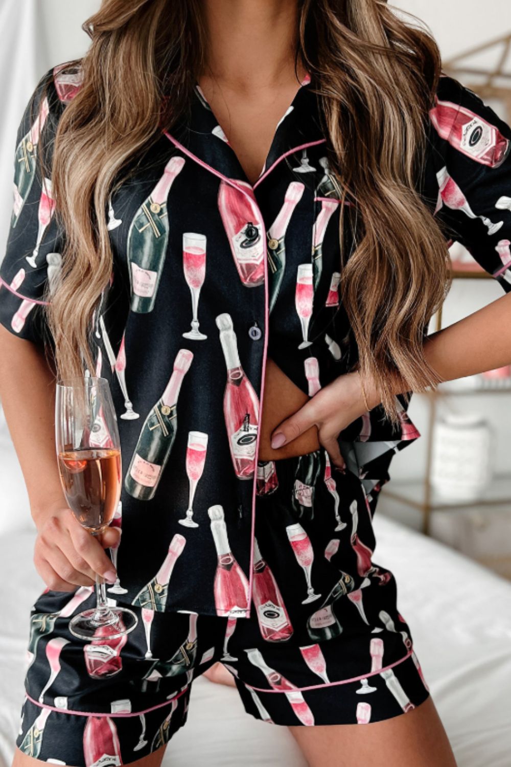 Champagne Print Short Sleeve Top and Shorts Set Black