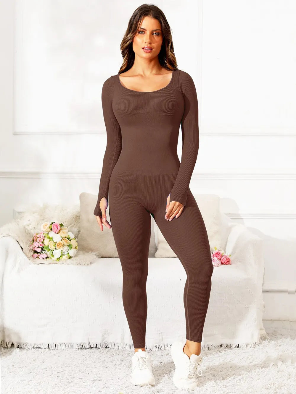 women's scoop neck long sleeve active jumpsuit - product detail