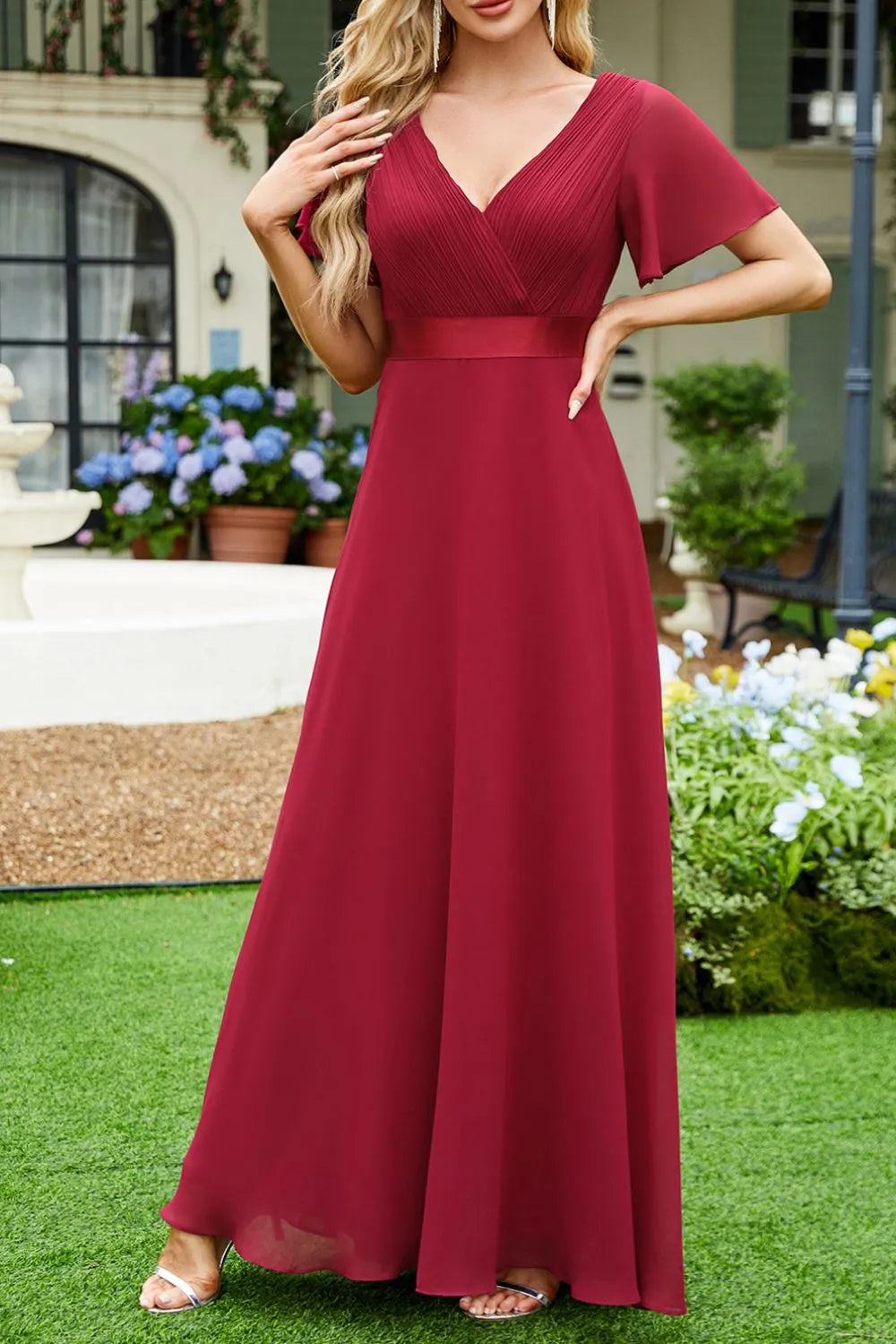 Surplice Flutter Sleeve Maxi Dress Burgundy