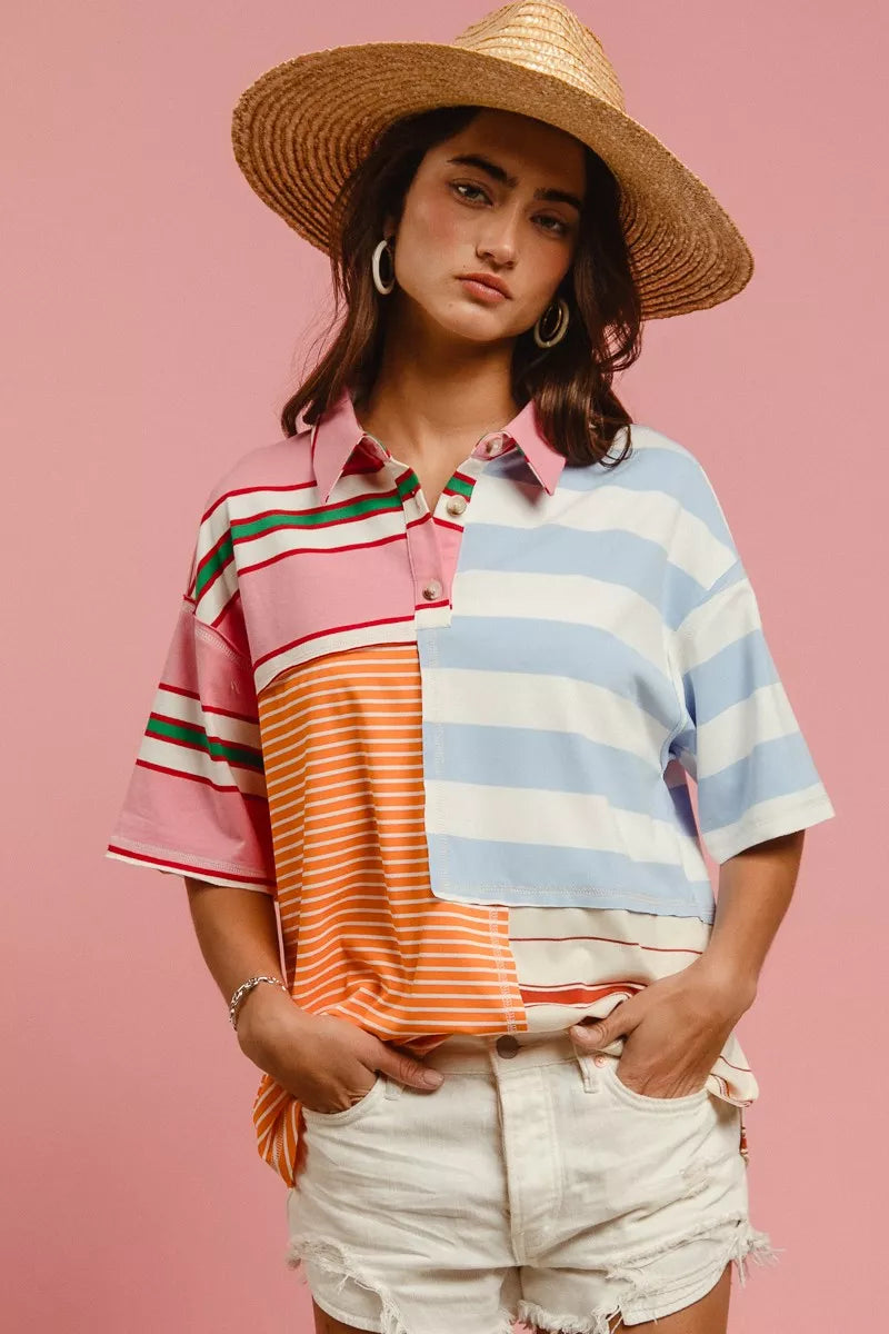 women's bibi mix and match stripe color block shirt - close-up detail