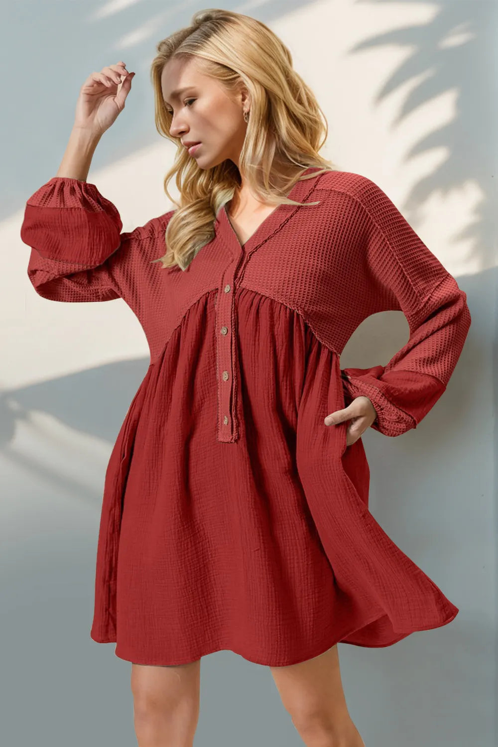 Double Take Waffle-Knit Contrast Half Button V-Neck Long Sleeve Mini Dress Red