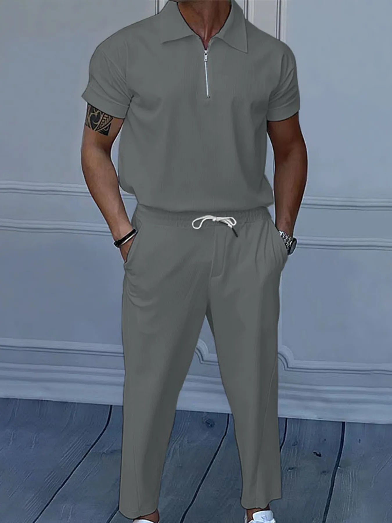 men's men's full size quarter zip short sleeve polo and pants set plus size - product detail