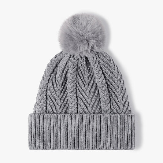 Cable Knit Solid Color Hat with Pompom Gray One Size