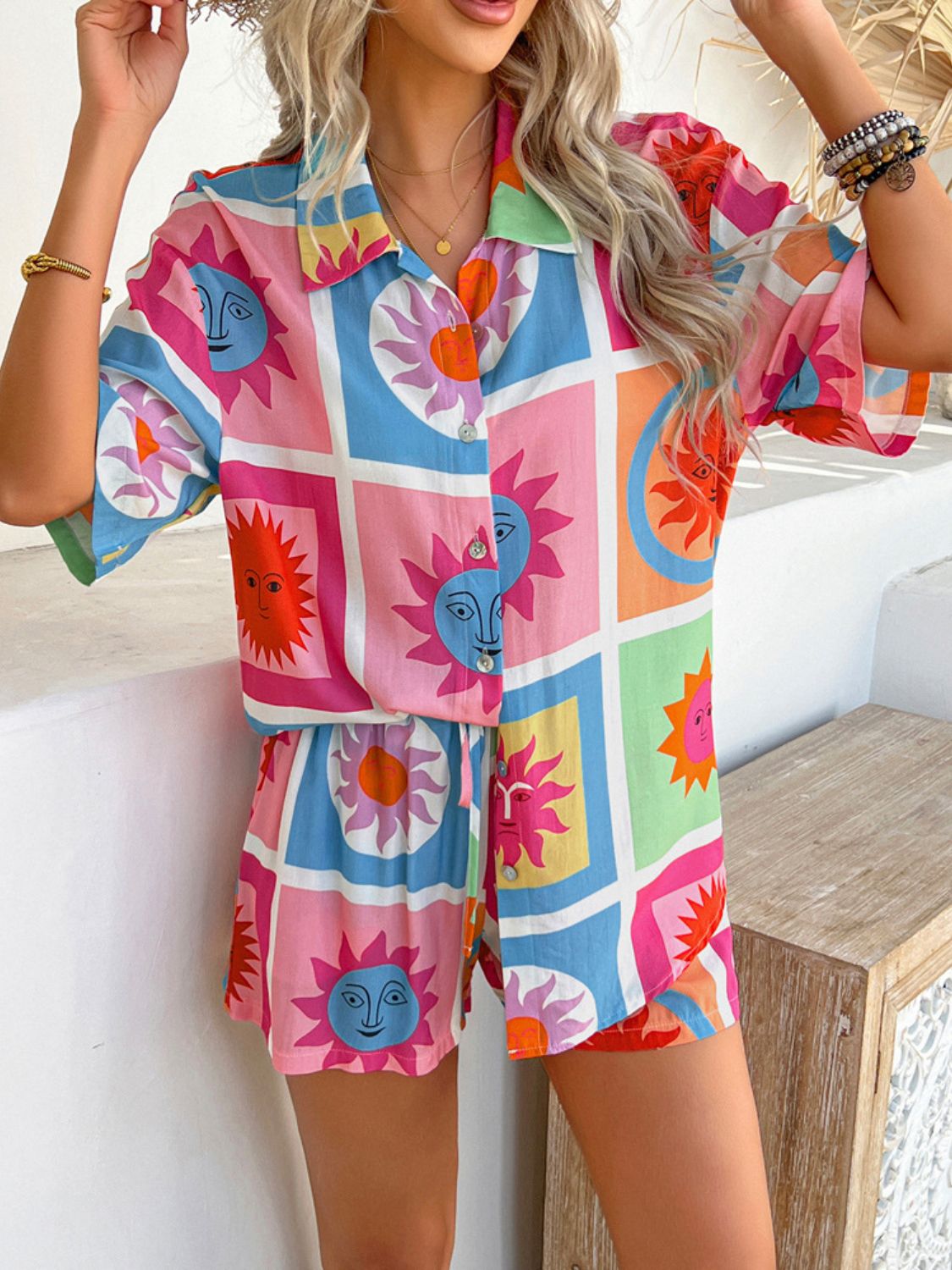 Devine Printed Button Down Shirt and Shorts Set