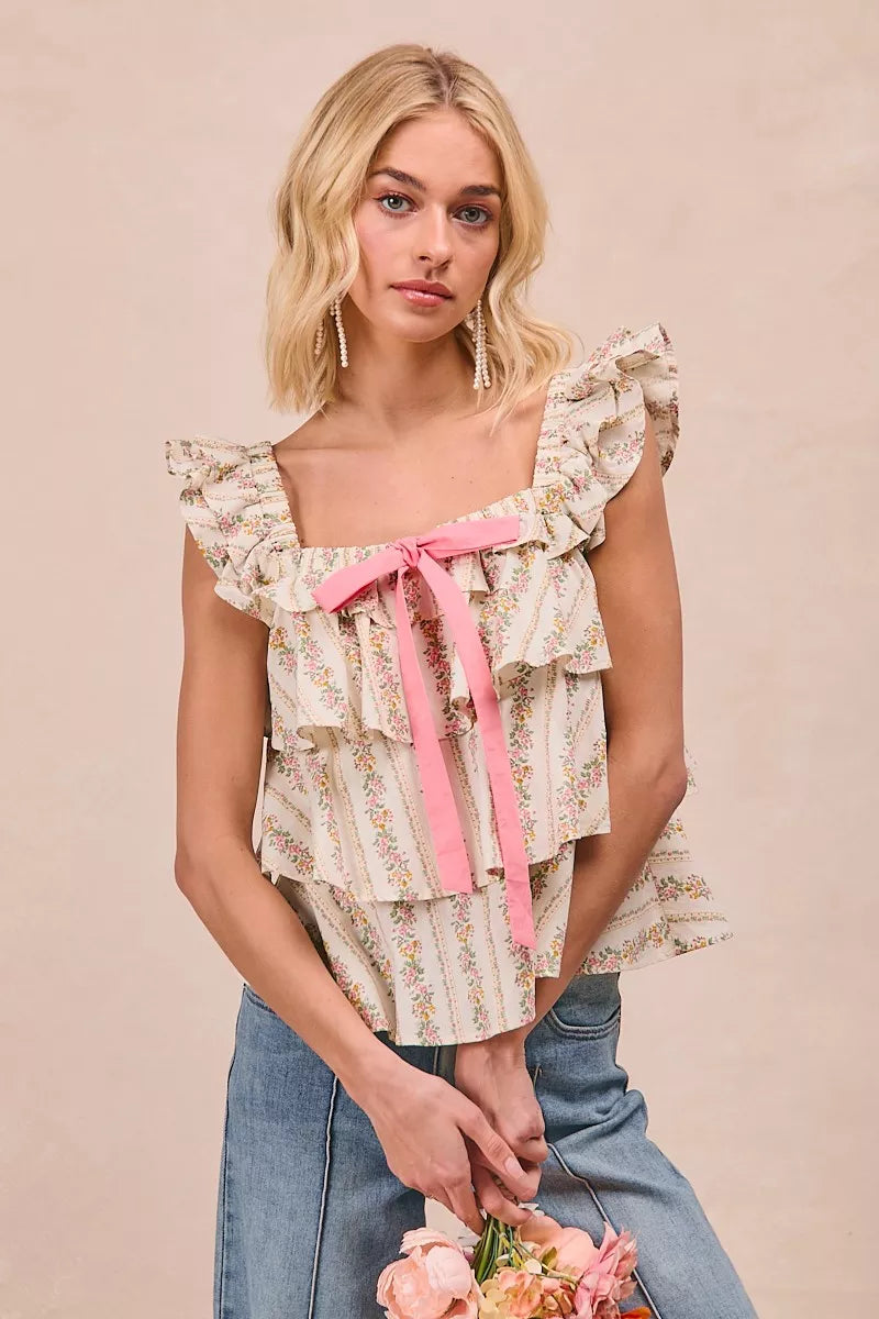 women's bibi floral printed woven front bow tied ruffled square neck sleeveless top - extra view