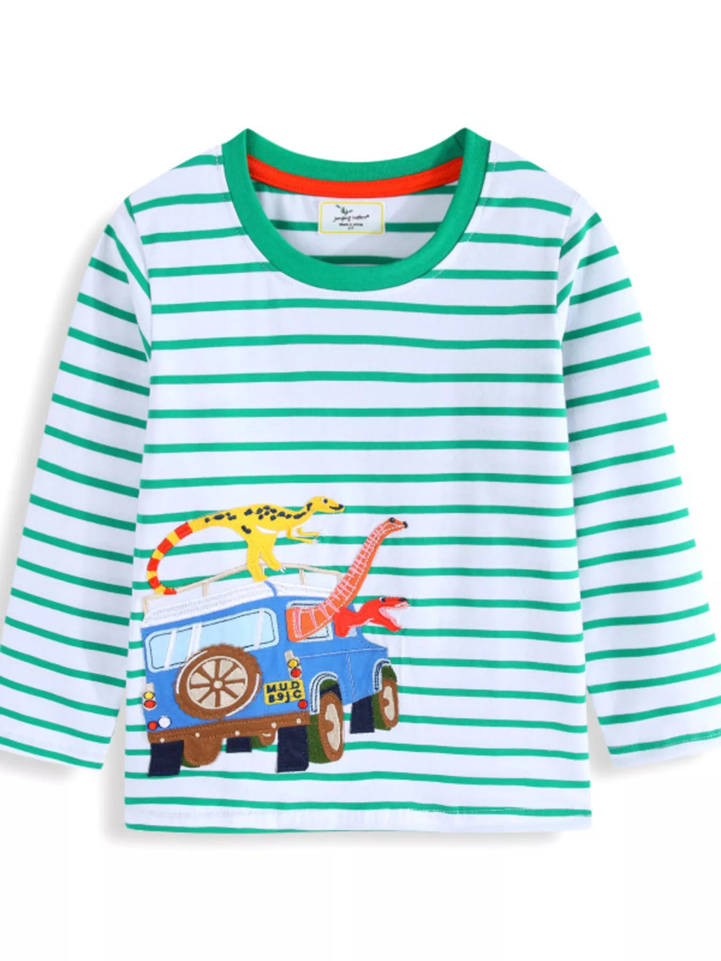 women's children's dinosaur adventure striped long sleeve t-shirt - product showcase