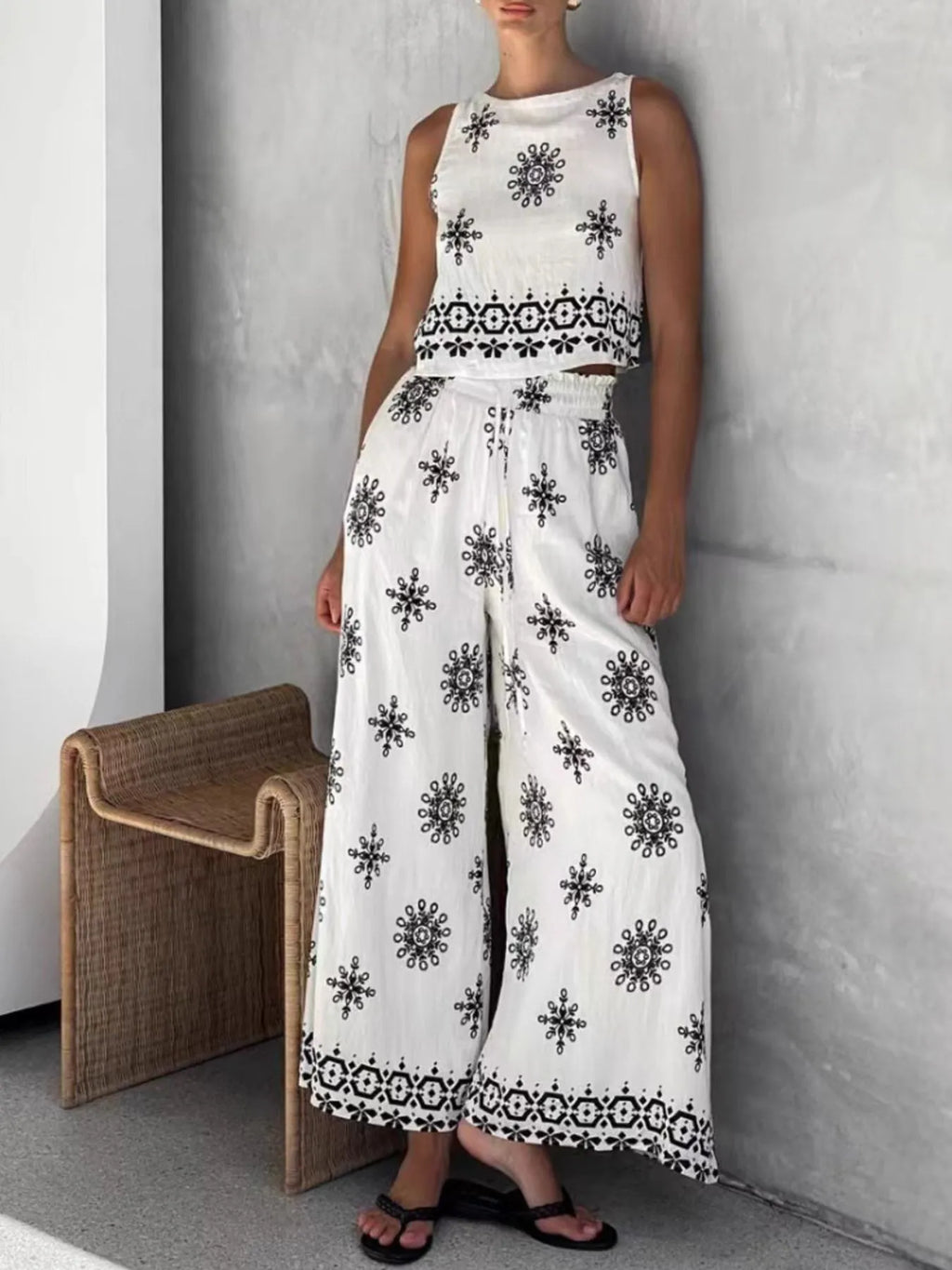 Printed Tank and Wide Leg Pants Set White