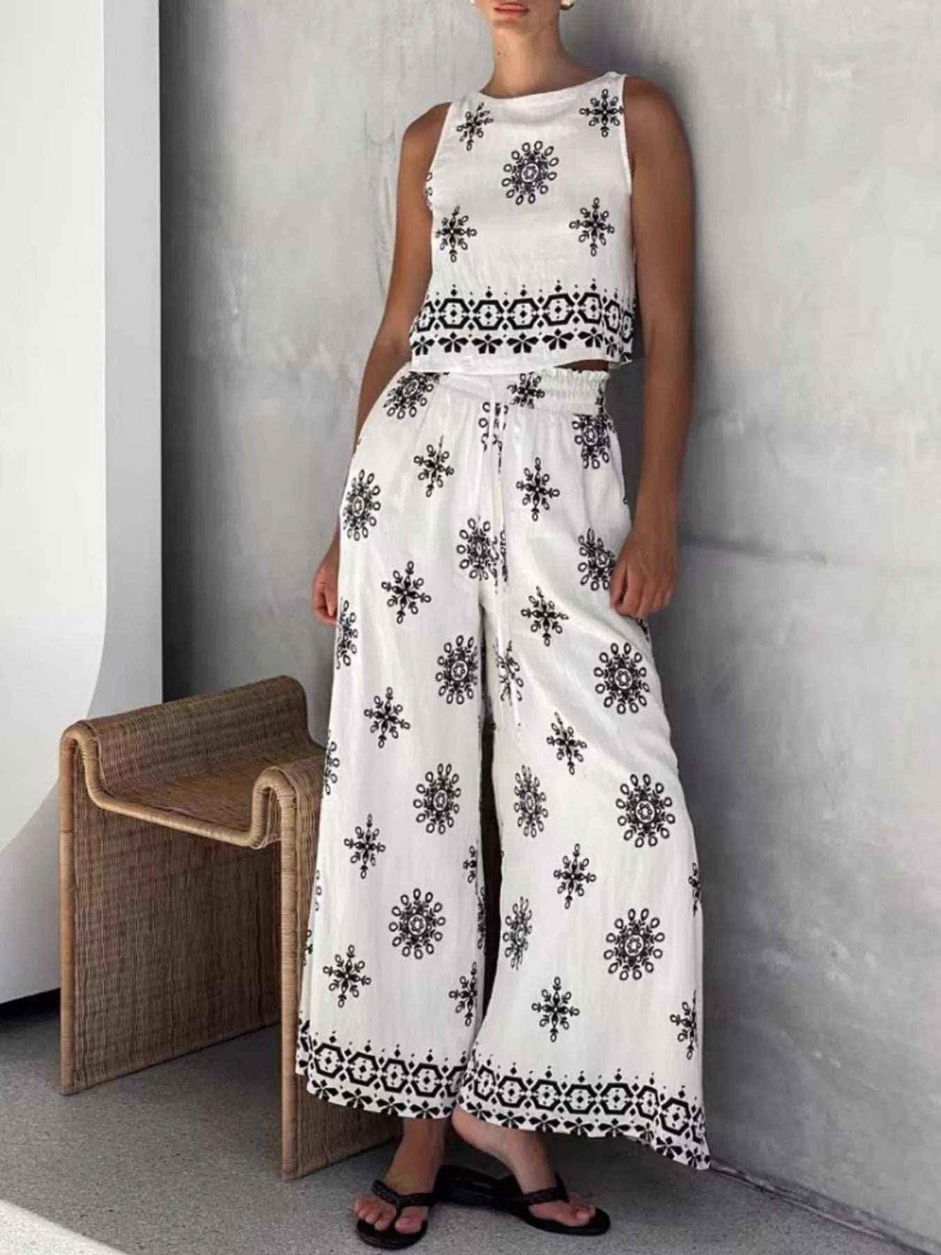 Printed Tank and Wide Leg Pants Set White