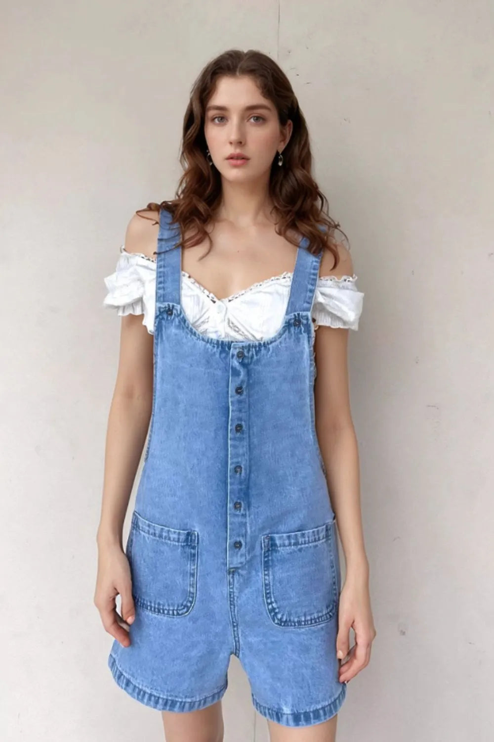 Button Front Denim Overall Shorts with Front Pockets Sky Blue