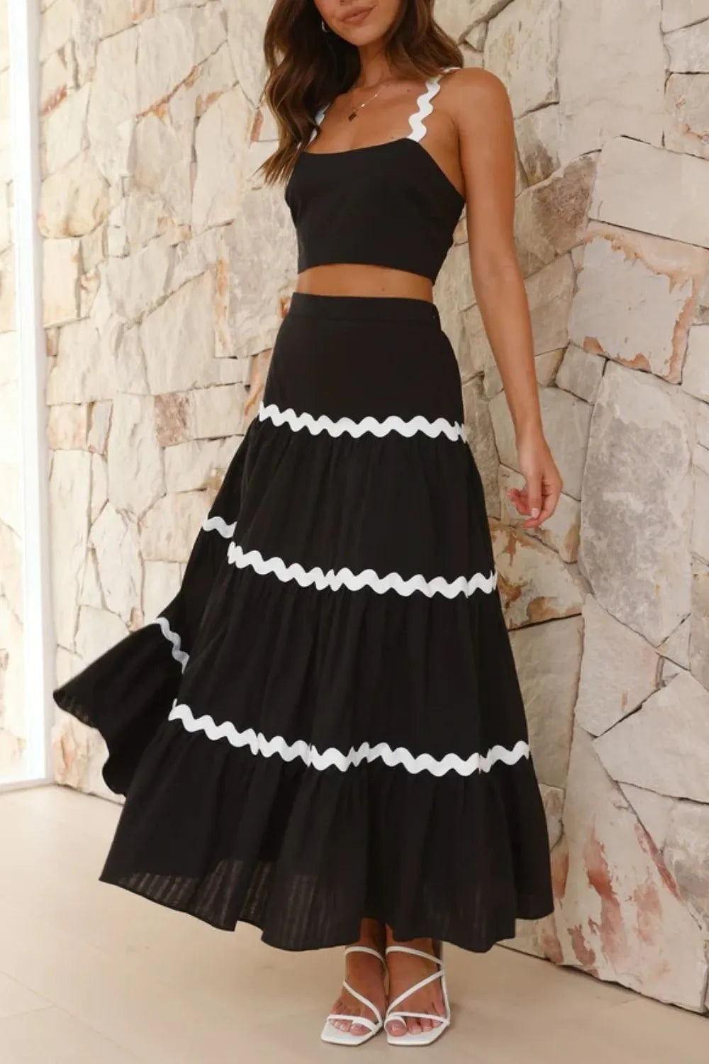 Contrast Trim Cami and Maxi Skirt Set Black