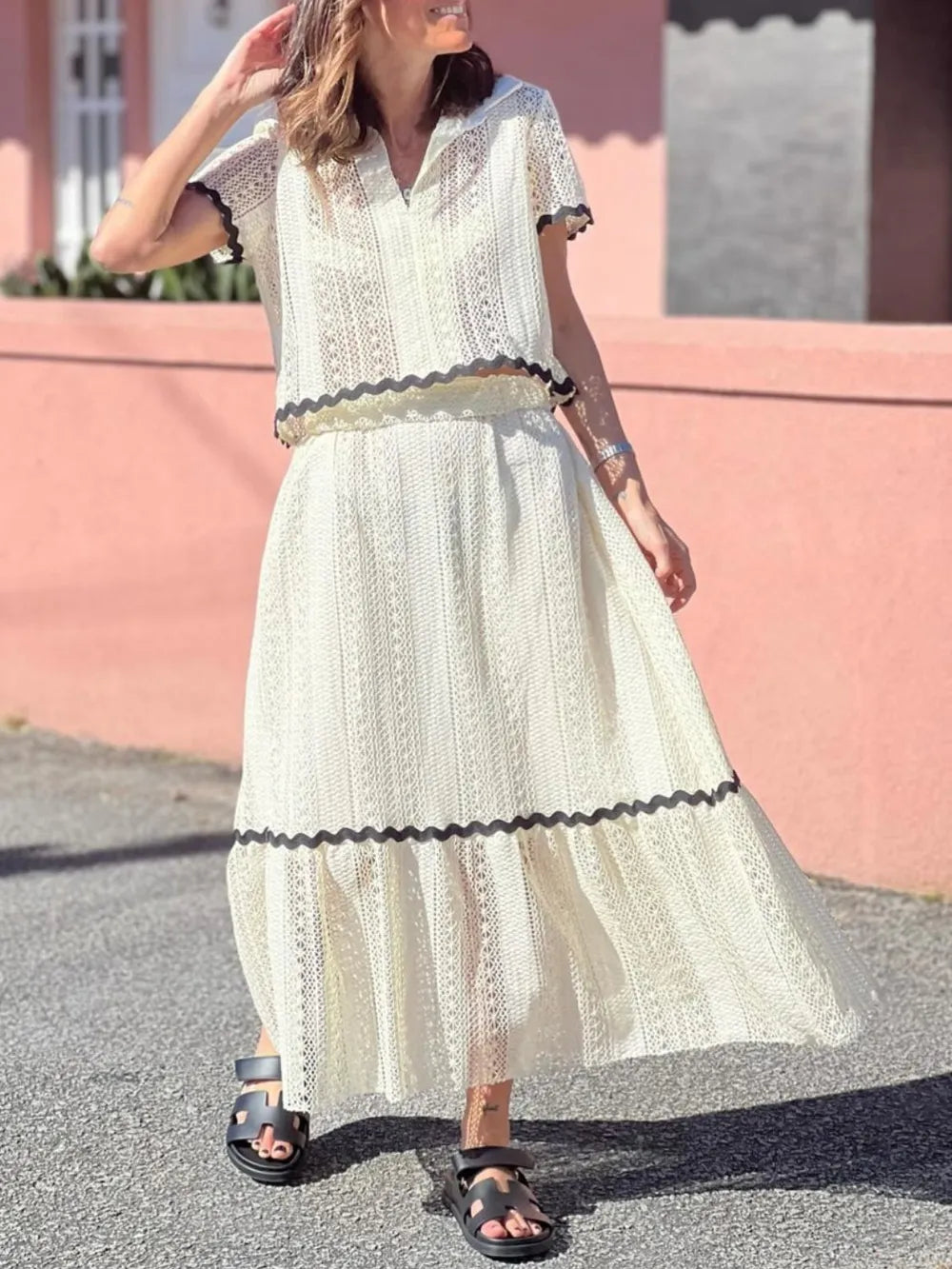Contrast Trim Openwork Short Sleeve Top and Skirt Set Cream