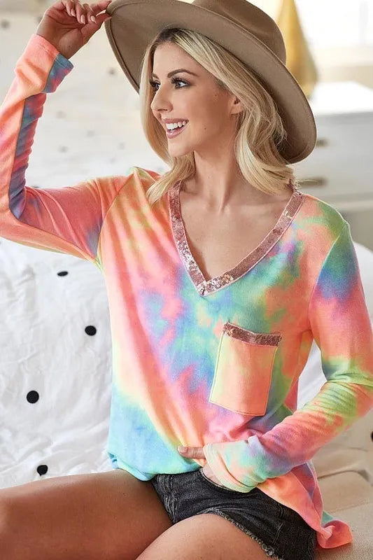 women's bibi tie dye v-neck terry knit top with sequins - extra view