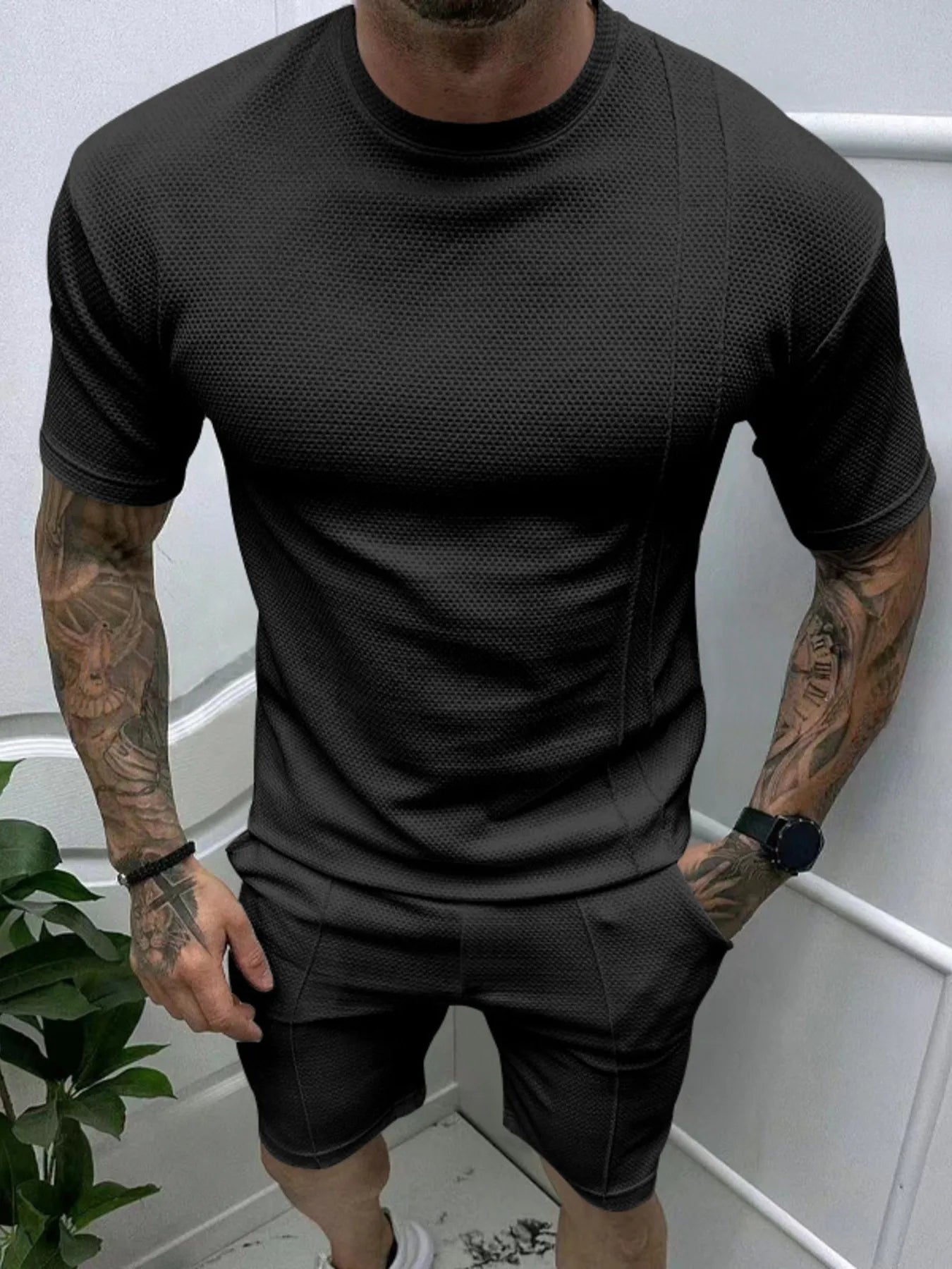 men's men's full size round neck tee and shorts set plus size - extra view