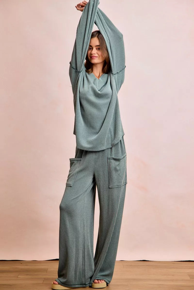 women's bibi two tone cord rib contrast stitching v-neck top and pants set - extra view