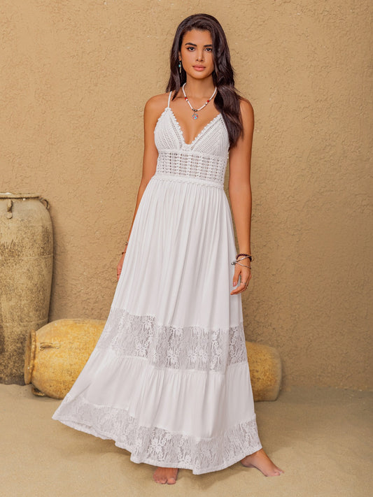Lace Detail Crochet Tiered Maxi Cami Dress White