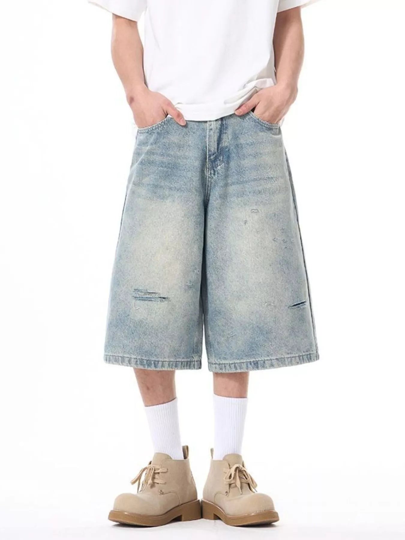 men's men's plus size distressed washed demin shorts - detail shot