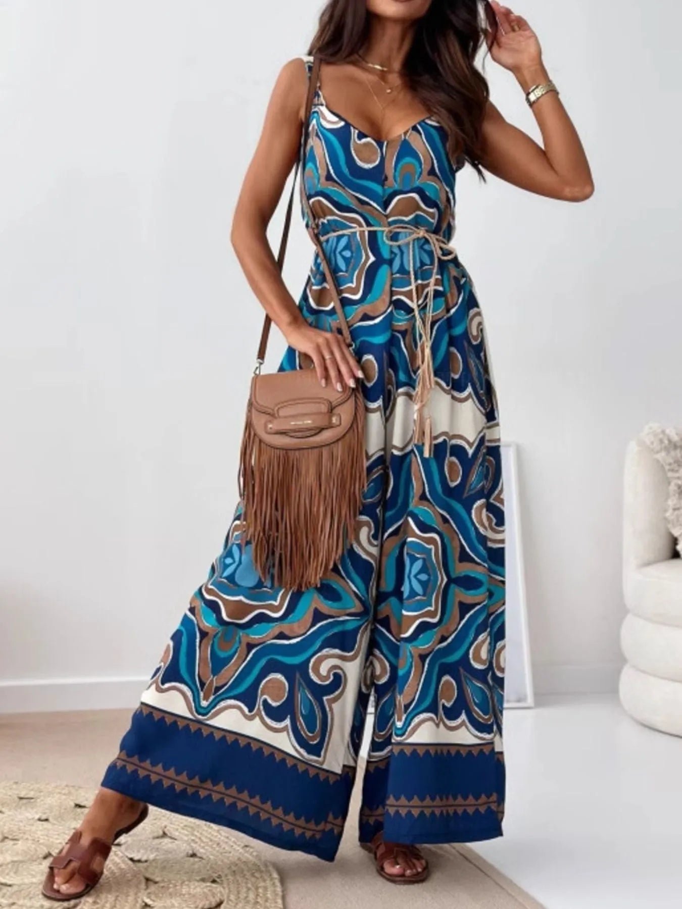 Paisley Print Spaghetti Strap Wide Leg Jumpsuit Blue And White Flowers
