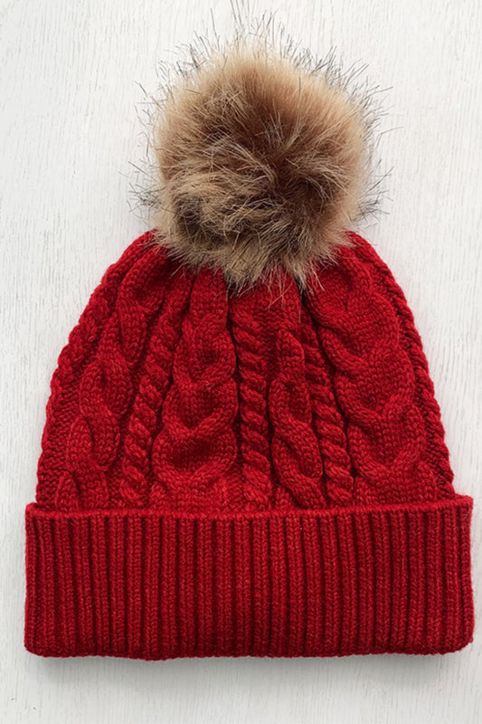 Cable-Knit Cuffed Hat with Pom-pom Scarlet One Size