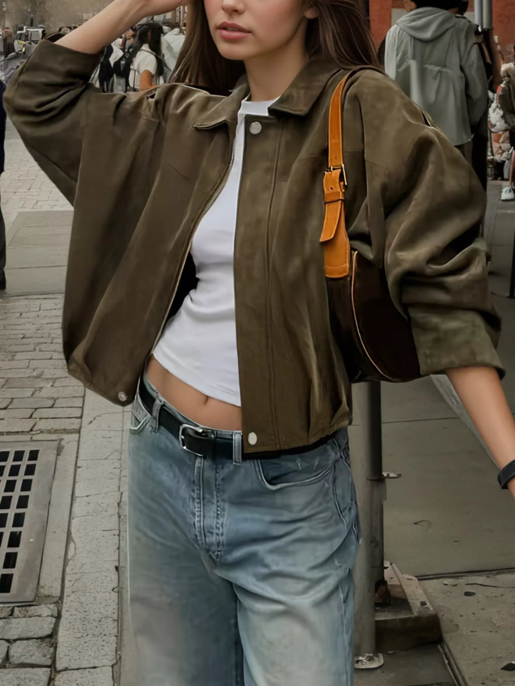 women's plus size suede cropped bomber jacket - styled view