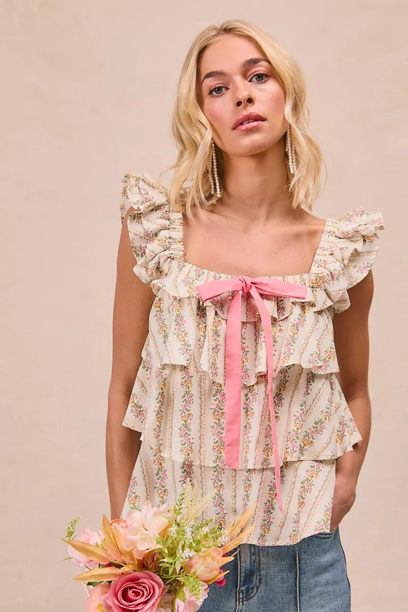 women's bibi floral printed woven front bow tied ruffled square neck sleeveless top - close-up detail